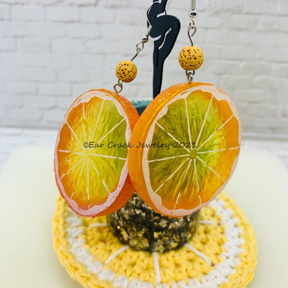 Hand Crafted- Resin Orange Dangle Earrings - Picture 5 of 7